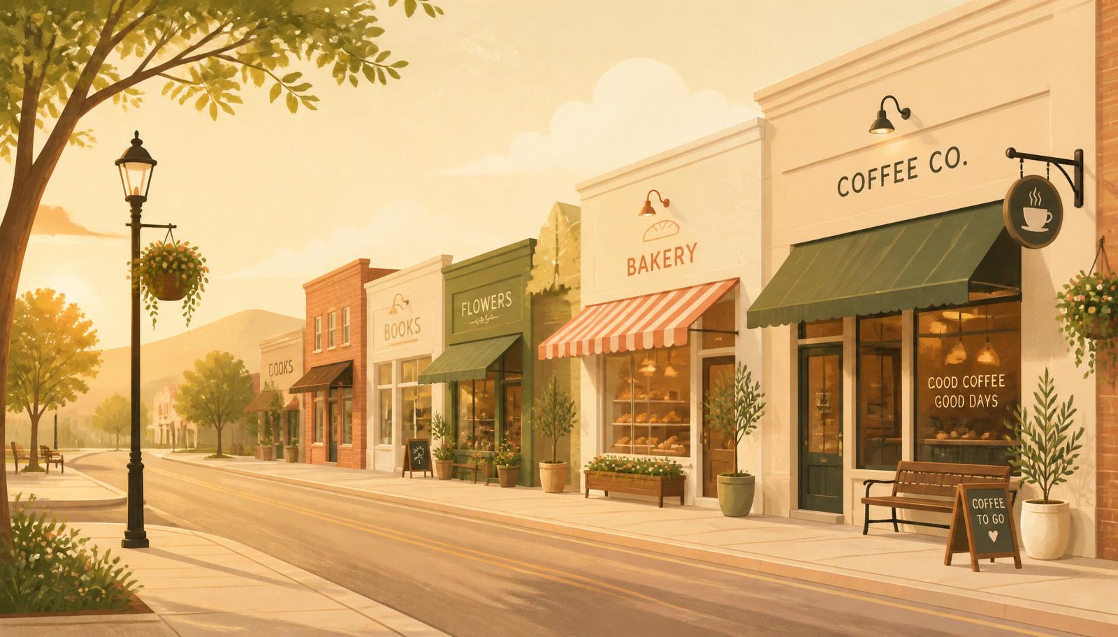 A warm illustration of a local main street at golden hour