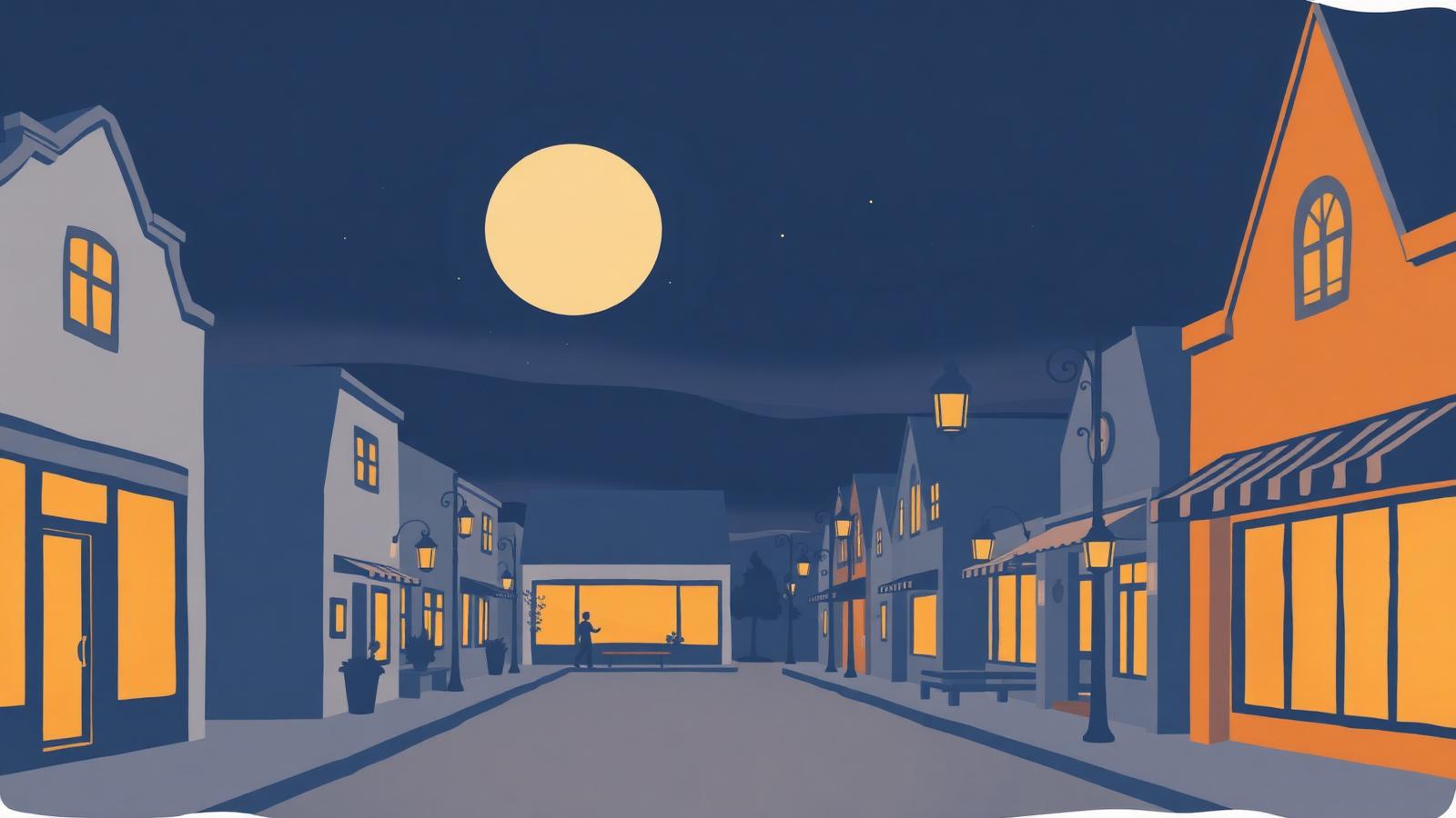 A warm illustration of a local main street at night with glowing shop windows